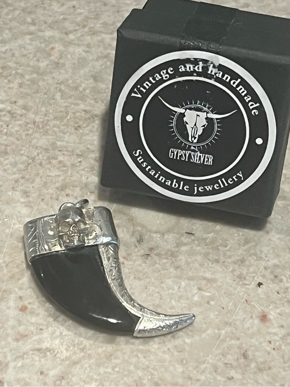 Gypsy Silver - Skull Tusk Charm Reclaimed Silver and Onyx - OS
